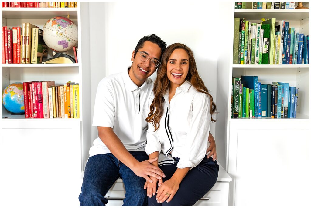 Professional portrait of Jose and Brittany, hosts of the Finding Arizona podcast, during a family portrait session in Phoenix with Bayley Jordan Photography.