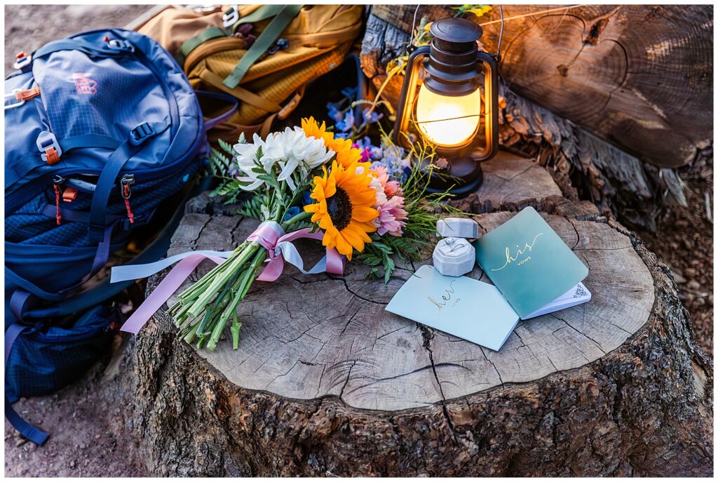 Details from Brooke and Eric's 10 year anniversary celebration in Flagstaff, Arizona. Backpacks and lantern from REI, with florals from Sutcliffe Floral, as well as "Just Married" signs. 