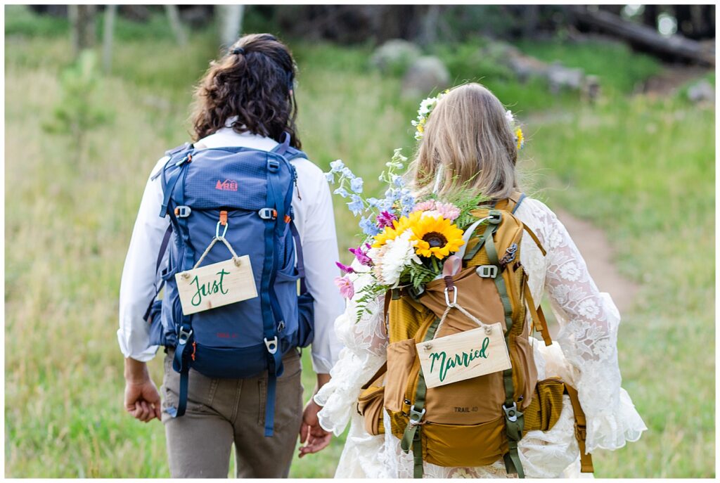 Detail shot of "just married" signs during Brooke and Eric's 10 year  celebration on the mountains in Flagstaff.
