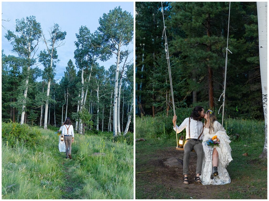 As dusk falls, Brooke and Eric make their way to the tree swing on the mountain during their 10 year anniversary celebration in Flagstaff, Arizona.  