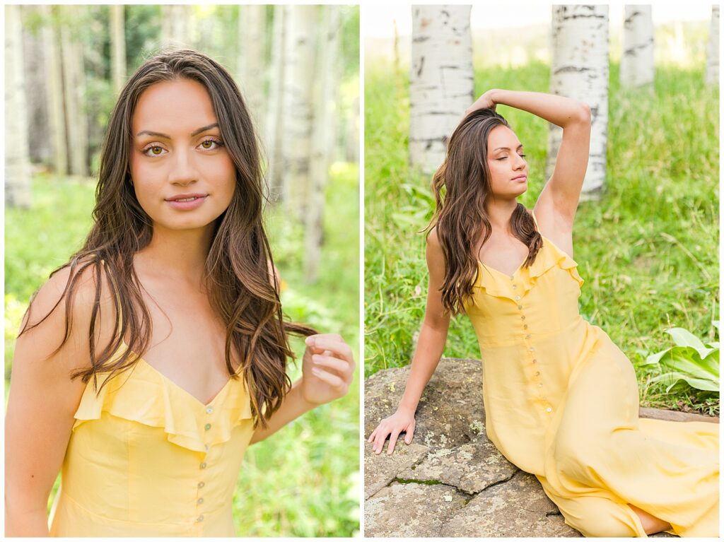 Holly strikes editorial poses surrounded by aspen trees for Flagstaff graduation portraits with Bayley Jordan Photography