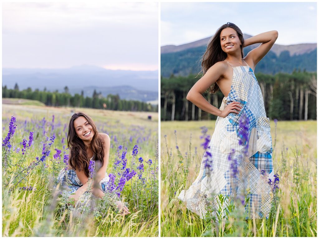 Holly shares a stunning smile while wearing a long, blue and white dress during her Flagstaff Arizona  solo portraits with Bayley Jordan Photography 
