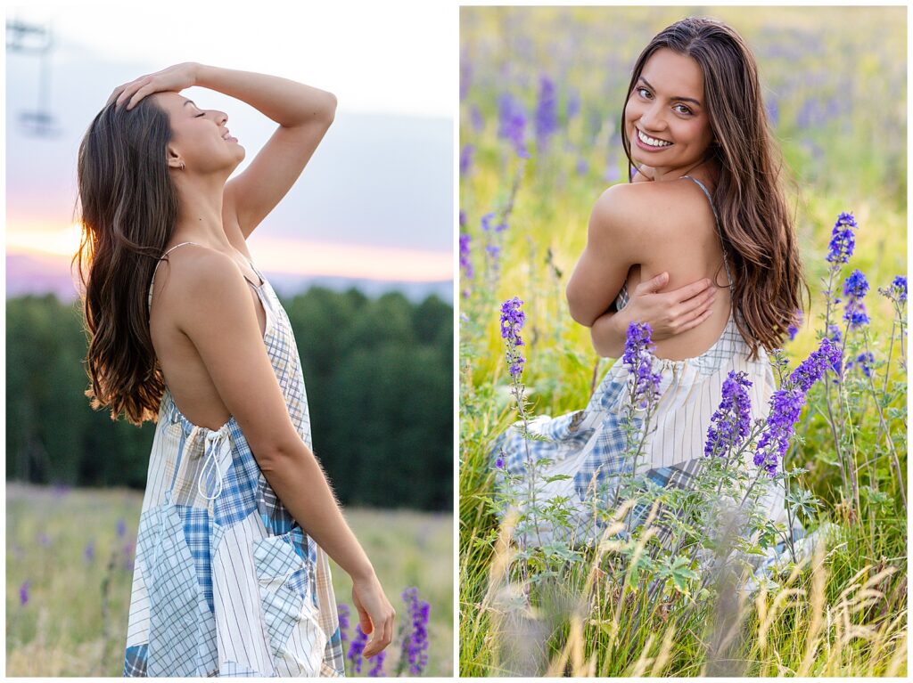 Final images of Holly amidst a field of purple flowers during a golden hour editorial portrait session with Bayley Jordan Photography in Flagstaff, Arizona