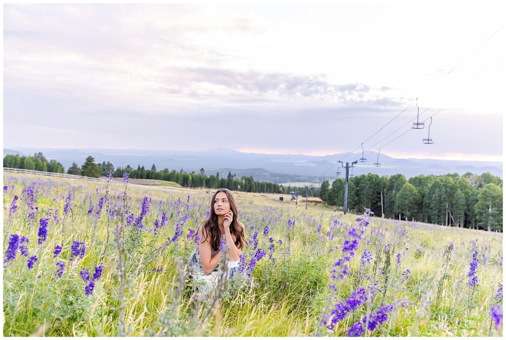 Holly admires a field of purple flowers as the sun sets during editorial portraits with Bayley Jordan Photography in Flagstaff, Arizona