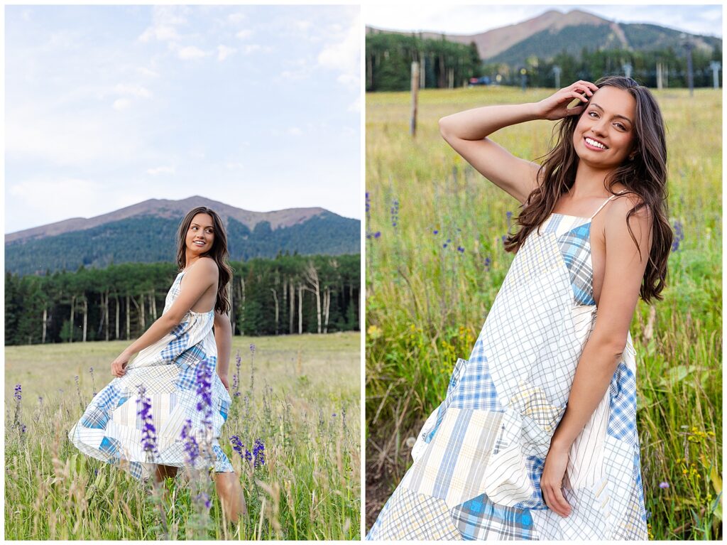 Holly stuns in a long, blue and white dress during her Flagstaff Arizona  solo portraits with Bayley Jordan Photography 