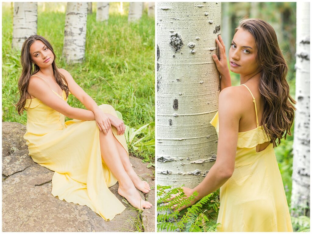 Northern Arizona University graduate posing for portraits at the San Francisco Peaks in a stunning yellow dress amidst the Aspen trees with Bayley Jordan Photography. 