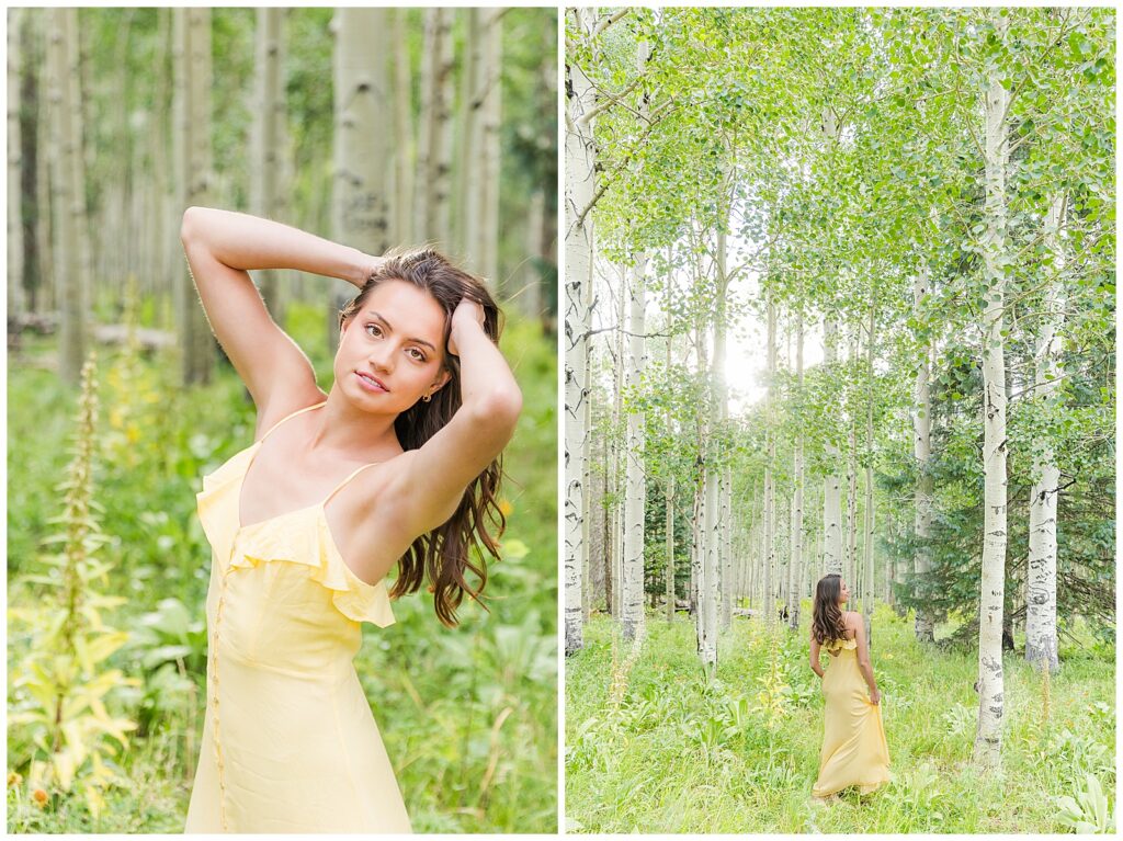 Flagstaff, Arizona senior graduate posing for portraits at the San Francisco Peaks in a stunning yellow dress amidst the Aspen trees with Bayley Jordan Photography. 