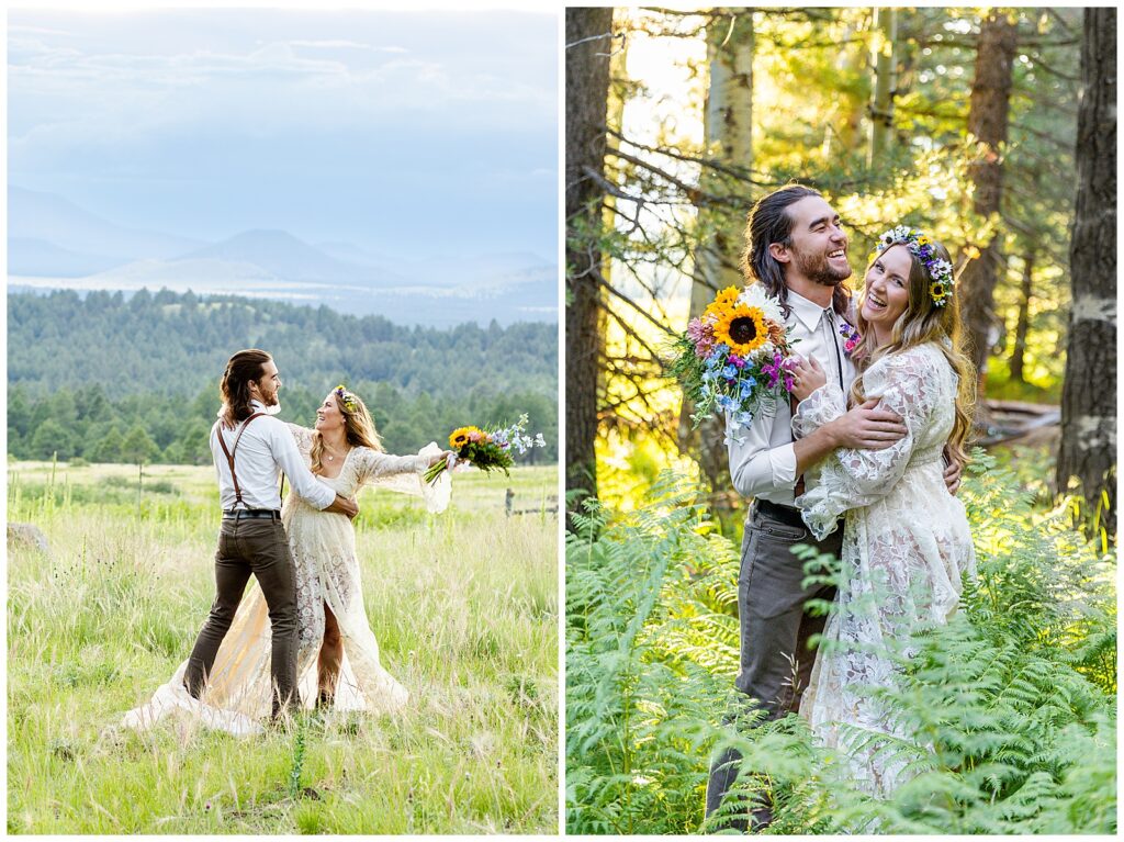 Brooke dances with Eric playfully, in a field during their 10 year anniversary celebration in Flagstaff, Arizona. 