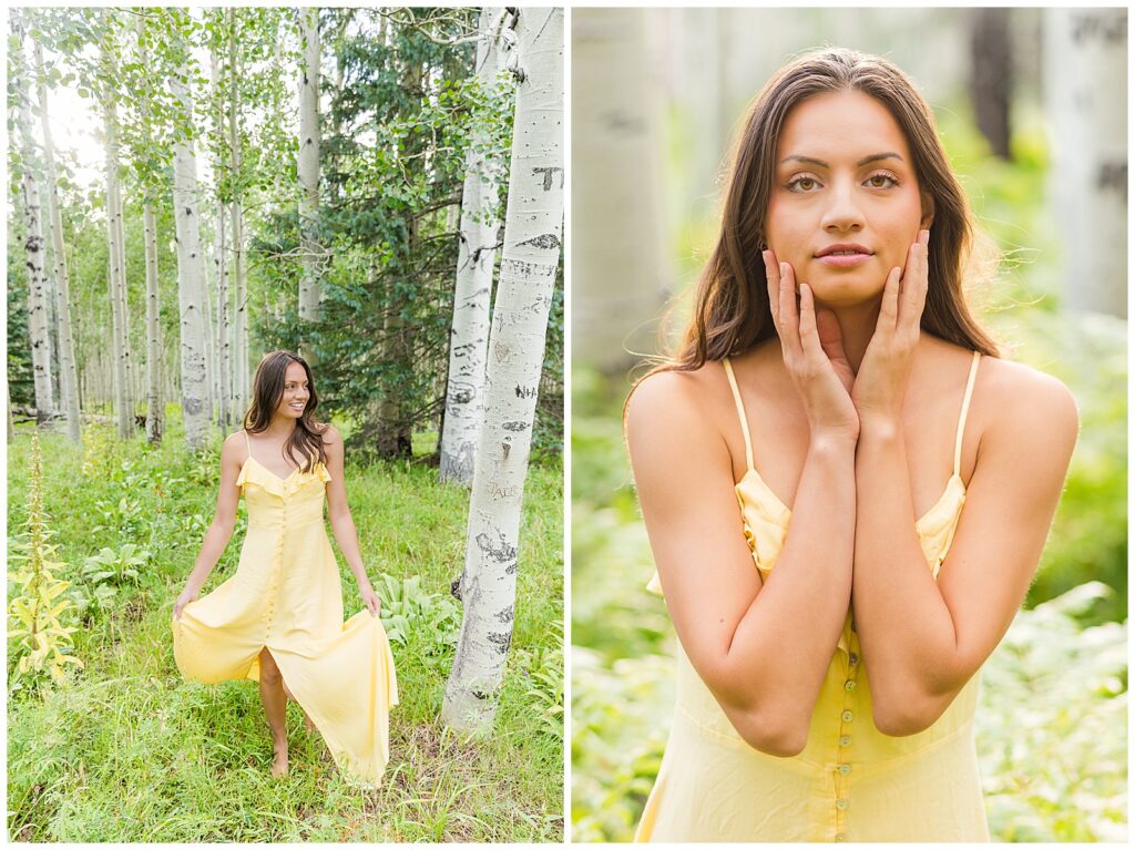 Holly stuns in front of the camera wearing a yellow dress during NAU Flagstaff graduation portraits with Bayley Jordan Photography