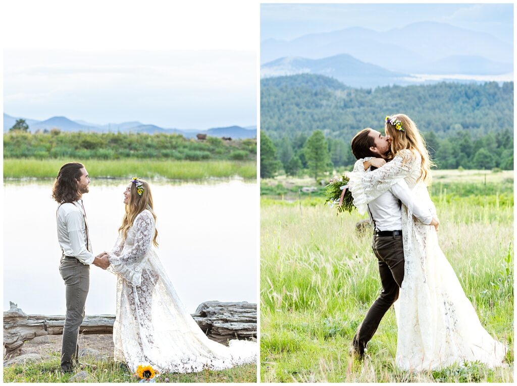 Brooke and Eric share sweet vows and kisses near a mountaintop lake during their 10 year anniversary celebration in Flagstaff, Arizona. 