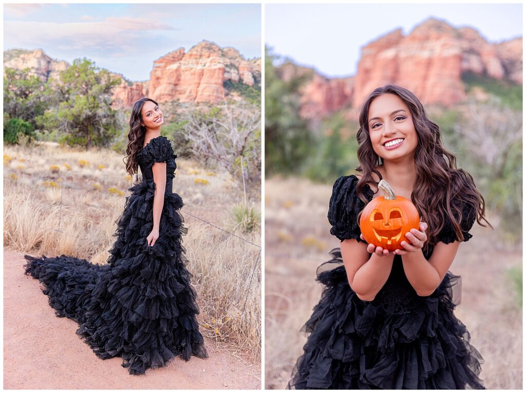 Stunning sunrise portrait session in Sedona, Arizona for model Holly for Halloween, featuring a beautiful black gown and fun jack-o-lantern.