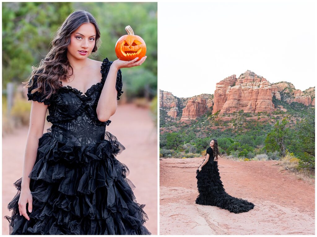 A special styled sunrise portrait session in Sedona, Arizona for Halloween, featuring a spooky jack-o-lantern for the festivities.