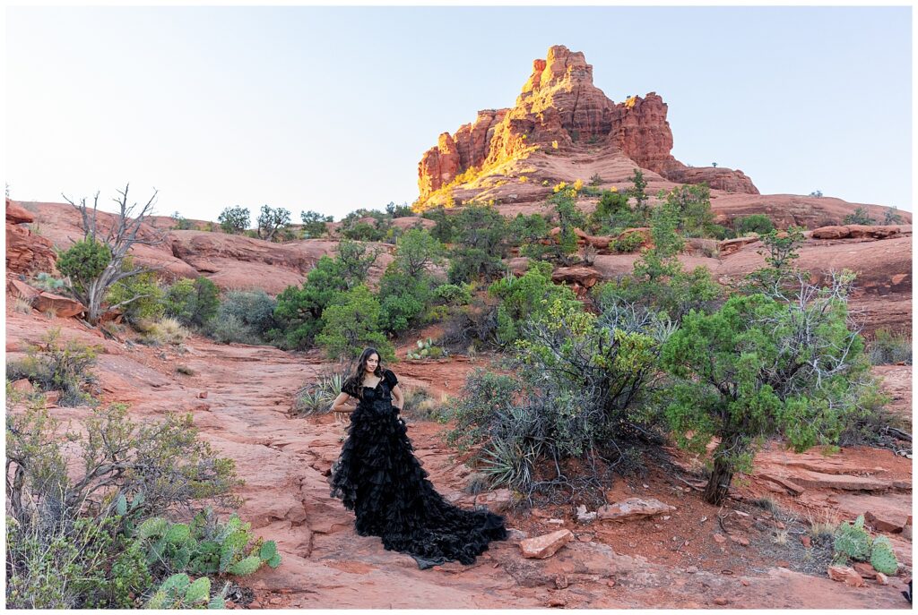 Red rocks of Sedona provide a spectacular backdrop for a stunning sunrise portrait session.