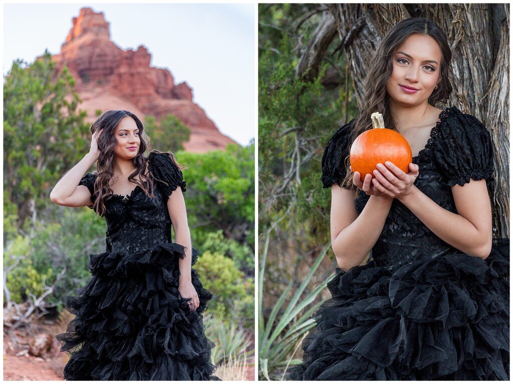 A spellbinding sunrise portrait session in Sedona, Arizona for  Holly for Halloween, featuring a fun mini pumpkin as a prop.