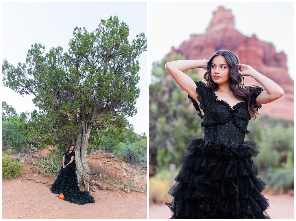 A glamorous portrait session in Sedona, Arizona for Holly, featuring a beautiful black gown.