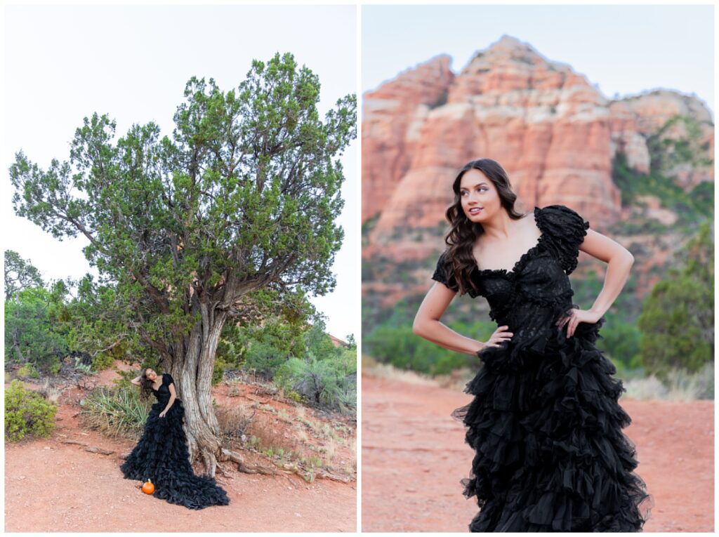 Model Holly shows off a stunning black gown during an editorial sunrise portrait session in Sedona, Arizona.