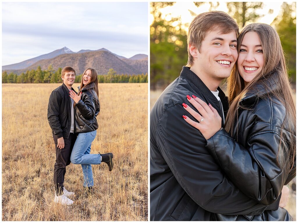 Ashley and Jay smile as she shows off her engagement ring for the camera during a surprise proposal portrait session in Flagstaff, Arizona with Bayley Jordan Photography.