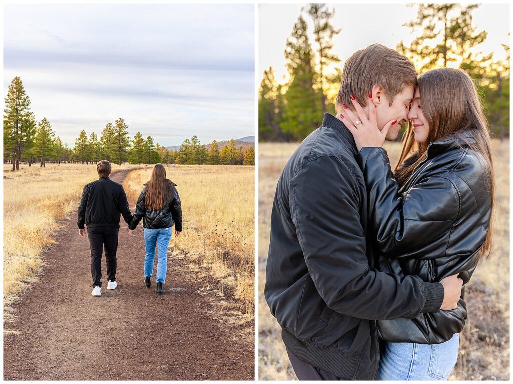 Jay holds Ashley close as they smile softly during a surprise engagement portrait session in Flagstaff, Arizona.