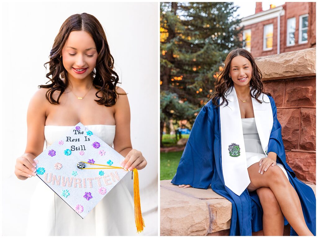 Bachelor's in Strategic Communications at NAU, Reagan beams as she prepares for graduation, posing in a stunning white dress to celebrate. 