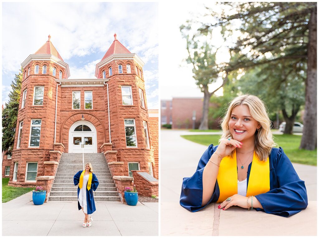 NAU Strategic Communications Graduate, Lauren, is all smiles in her cap and gown, posing for Flagstaff graduation portraits with Bayley Jordan Photography.