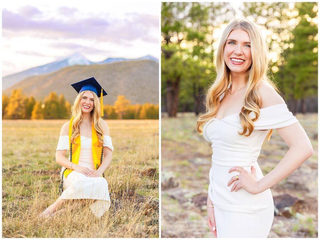 Master's graduate Kira is aglow, posing in a stunning white dress to celebrate her graduation from Northern Arizona University in sunset photos. 