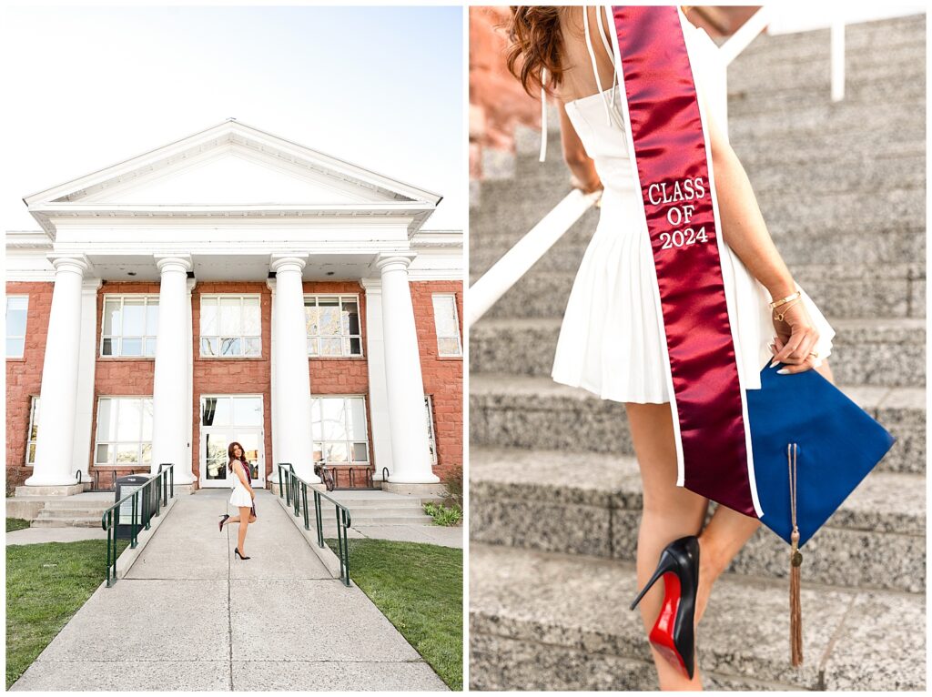 Ariana pops her leg playfully posing for photos to show off her Louboutin high heels in front of her favorite buildings at Northern Arizona University with her graduation cap in hand.
