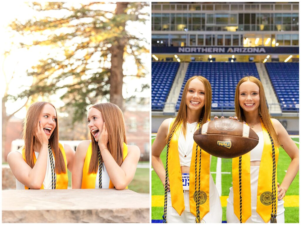 Mandi and Morgan are alive with excitement for their graduation from Northern Arizona University, posing in the Skydome stadium with football gear to celebrate.
