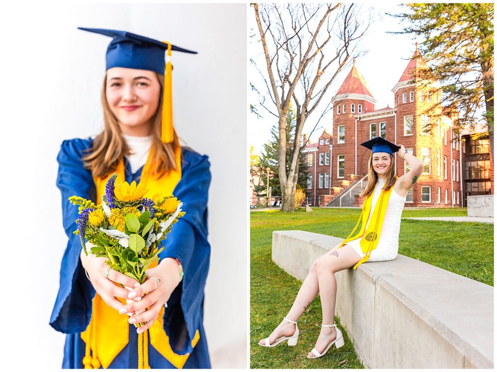 NAU Bachelor's of Science Graduate, Emma, is a ray of sunshine as she smiles in her cap and gown, posing for Flagstaff graduation portraits with Bayley Jordan Photography.
