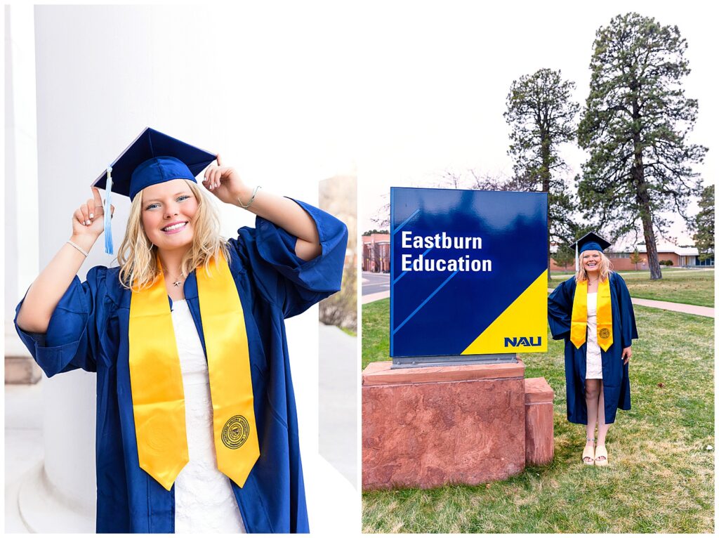 Savanna smiles happily like a ray of sunshine as she celebrates her graduation from NAU in Flagstaff, Arizona wearing the signature navy cap and gown.