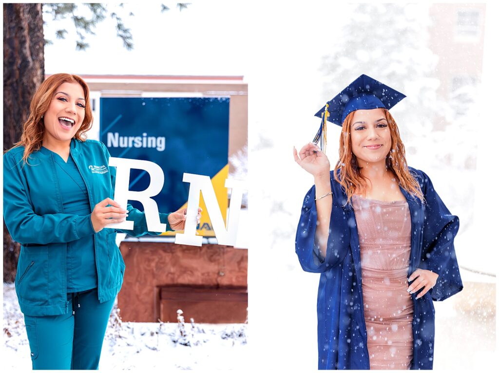 Ilyana celebrates her graduation from Northern Arizona University, donning a blue cap and gown, smiling as she is embracing the snowfall in Flagstaff, Arizona.