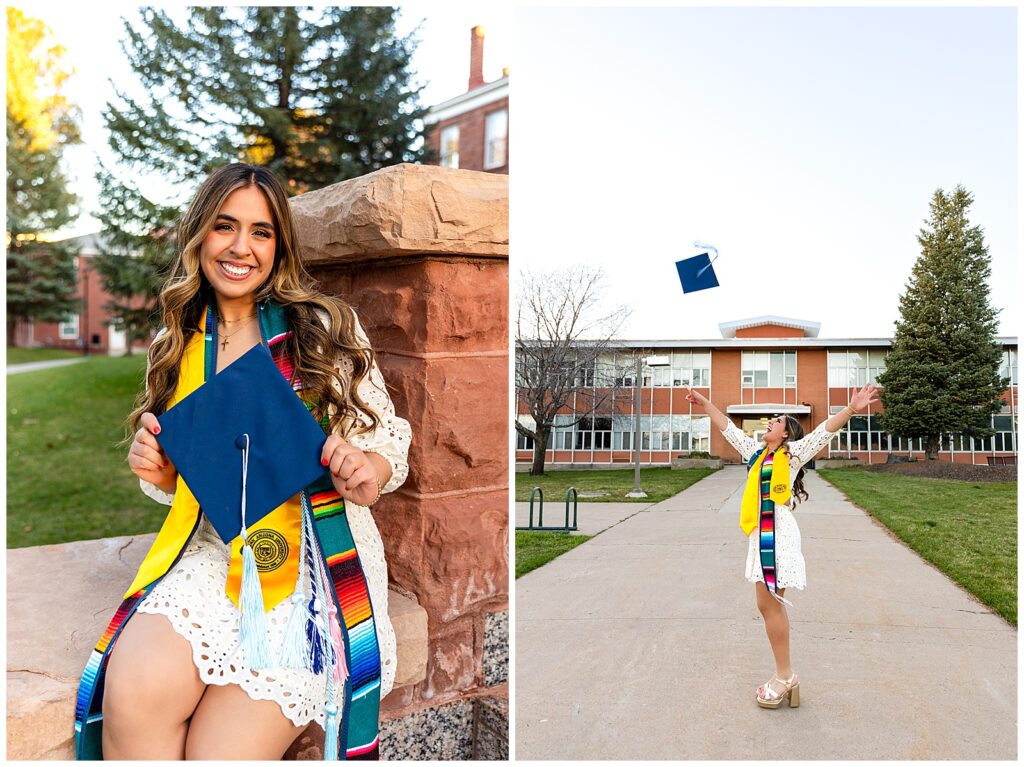 Emily wears a colorful serape to celebrate her graduation from NAU in Flagstaff, Arizona. All smiles, she shows off her cap and gown while exploring her favorite locations on campus.