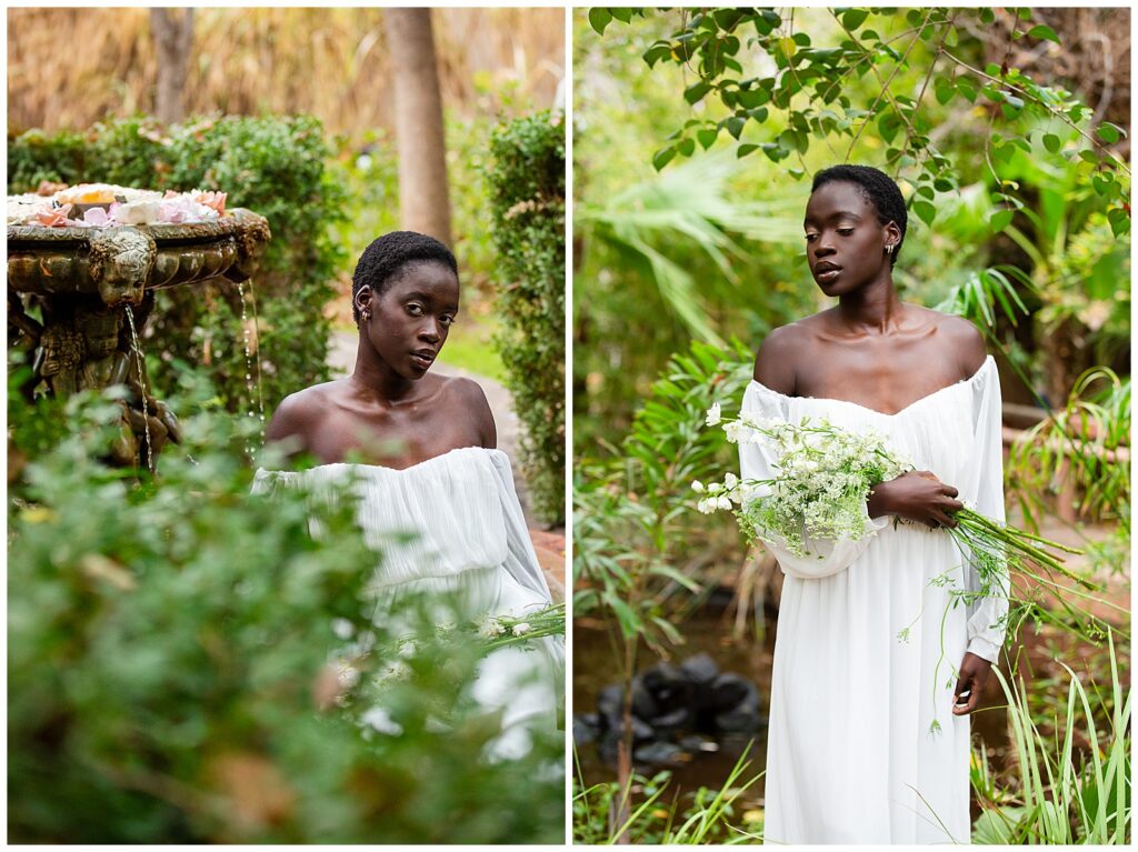 Image of a senior portrait photography client at sunset surrounded by gorgeous greenery in a white gown. Content piece associated with image are the 5 ways to elevate your Arizona senior graduation portrait session. The image depicts each of the  elements - connection, lighting, location, medium, and styling. 