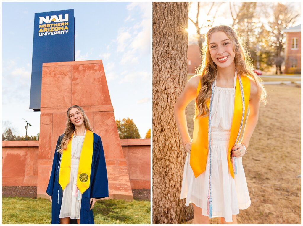 NAU college of education graduate Emma celebrates during a sunset portrait session with Bayley Jordan Photography in Flagstaff.