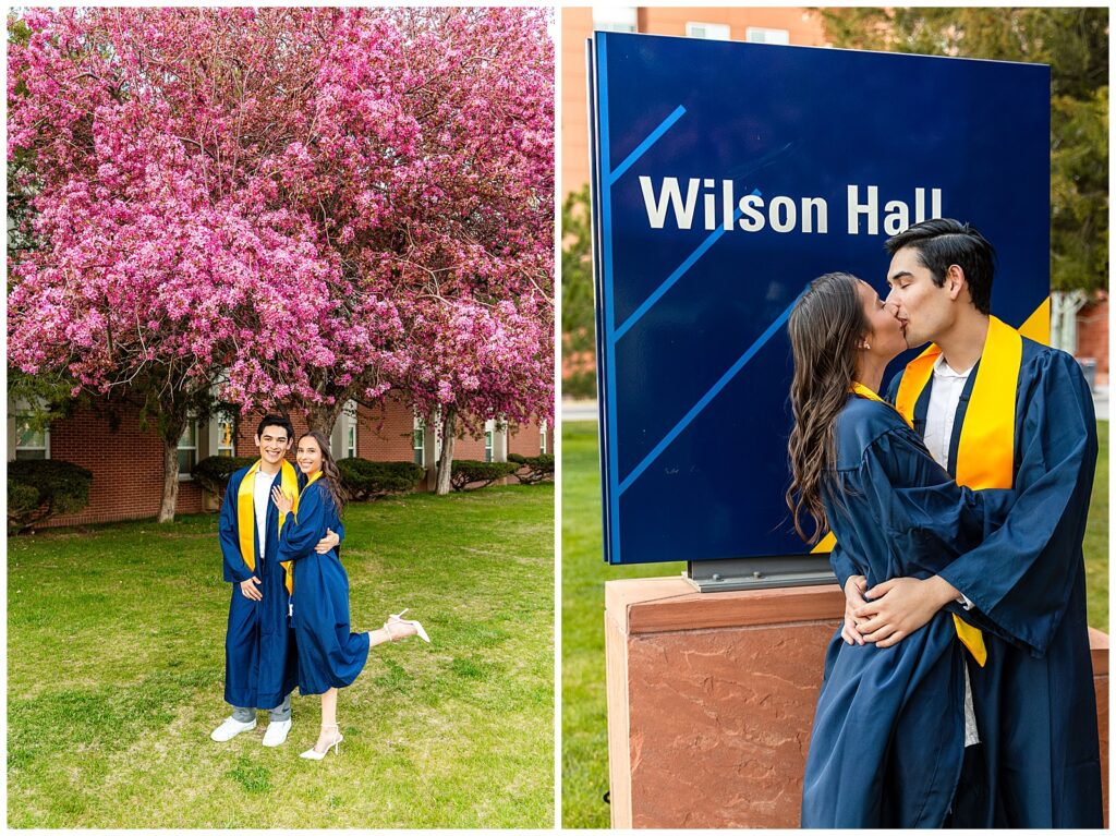 Couples graduation portraits in Flagstaff, Arizona with Bayley Jordan Photography at sunset