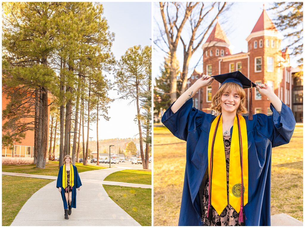 Interior Design NAU graduate Bailey celebrates in Flagstaff, Arizona during a sunset portrait session with Bayley Jordan Photography