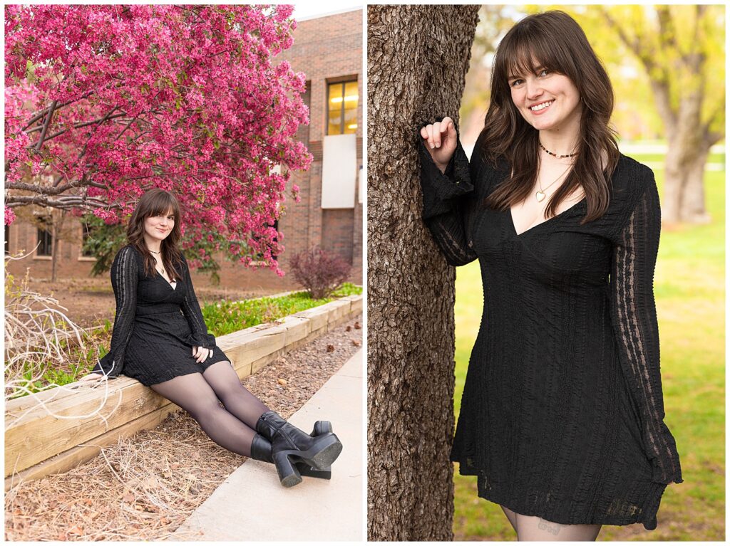 Nursing graduate at Northern Arizona University celebrates on campus in Flagstaff, Arizona during a sunset portrait session with Bayley Jordan Photography