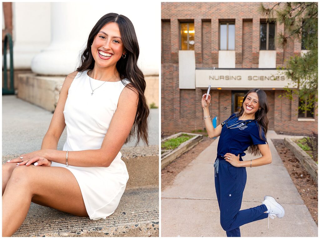 NAU Nursing grad celebrates on campus in Flagstaff, Arizona during a sunset portrait session with Bayley Jordan Photography