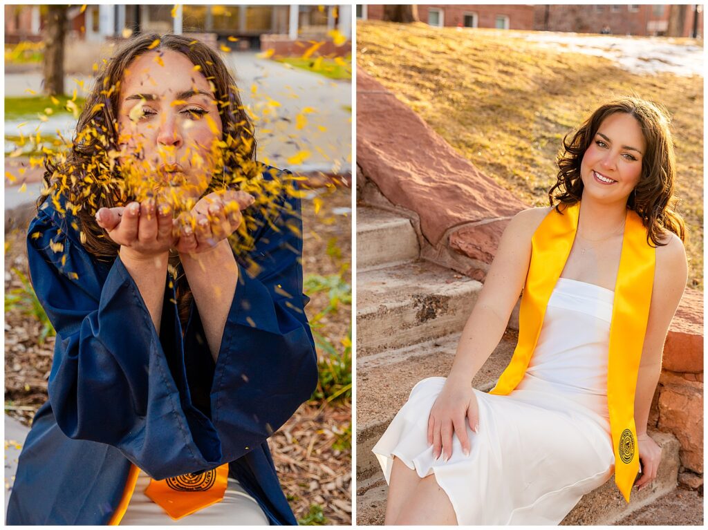 NAU Strength and Conditioning Grad Elise celebrates with blue and gold color galore during a Flagstaff, Arizona Sunset Portrait Session