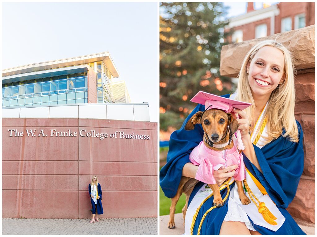 W.A. Franke College of Business graduate Courtney celebrates at NAU on campus in Flagstaff, Arizona during a sunset portrait session with Bayley Jordan Photography