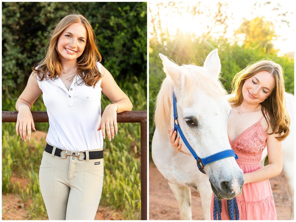 Sedona High School graduate celebrates with Bayley Jordan Photography for a sunset portrait session on campus with a stunning white horse in Arizona