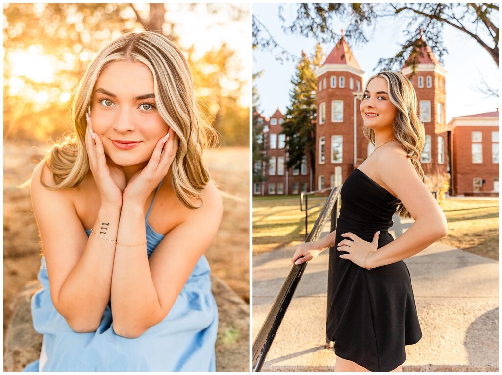 Senior grad from NAU Serenity stuns in sleek black and blue dresses at sunset in Flagstaff Arizona for portraits.