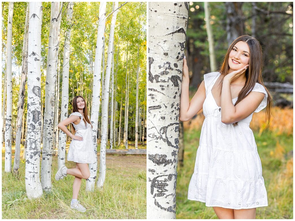 High school senior Veronika explores the green and gold fall aspens at the San Francisco Peaks in Flagstaff, Arizona for her senior graduation portrait session.