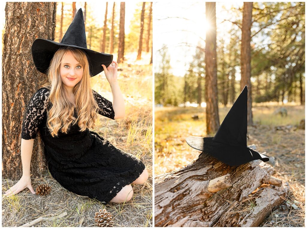A beautiful woman tilts a dark black witch hat during a Halloween Portrait session with Bayley Jordan Photography