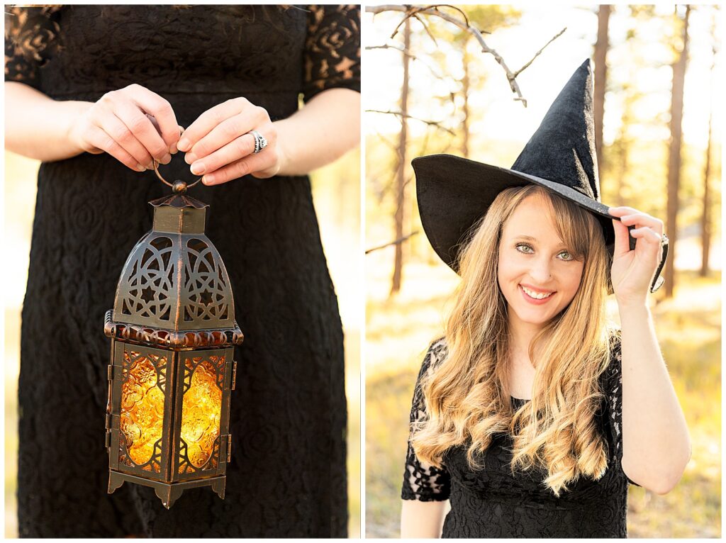 A beautiful woman models as a witch with a lit lantern in Flagstaff, Arizona during a Halloween portrait session with Bayley Jordan Photography