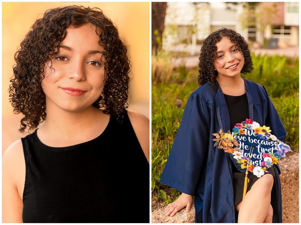 Gorgeous close-up portrait of NAU graduate at sunset wearing a black dress, holding a graduation cap, to celebrate during a photo session in Flagstaff