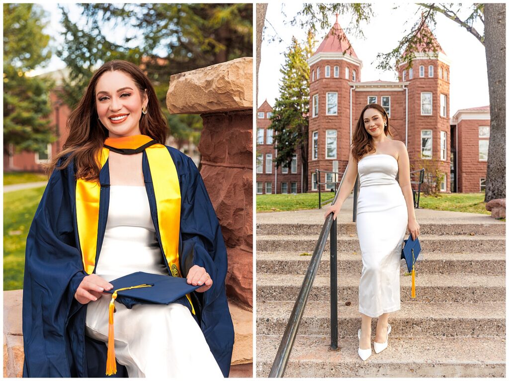 Sunset graduation portrait session at Northern Arizona University with graduate wearing navy blue graduation gown, yellow stole, and holding graduation cap to celebrate in front of Old Main