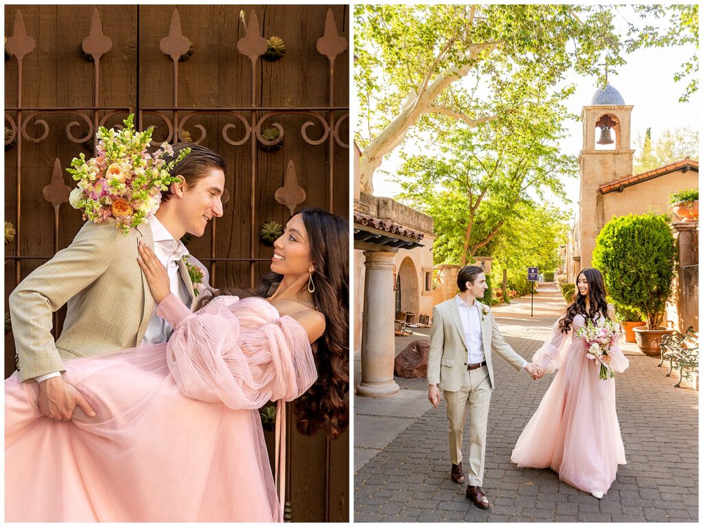 A smiling couple in high-end suit and gown, strolling the grounds of Tlaquepaque in Sedona, Arizona during a portrait session with Bayley Jordan.