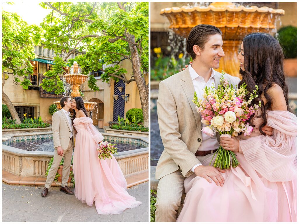 Couple celebrating anniversary with portrait session at Tlaquepaque Arts & Shopping Village in Sedona, Arizona.