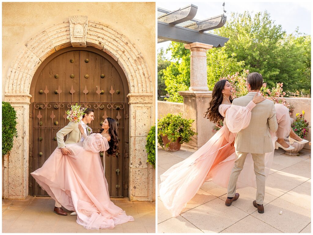 A couple laughs and dances together at Tlaquepaque in Sedona, Arizona during a portrait session with Bayley Jordan Photography at sunset. 