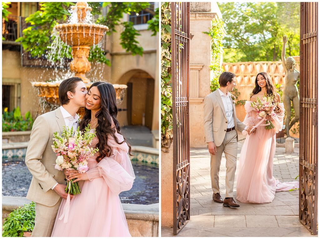 A couple is all smiles in high-end suit and gown, strolling the grounds of Tlaquepaque in Sedona, Arizona during a portrait session with Bayley Jordan.